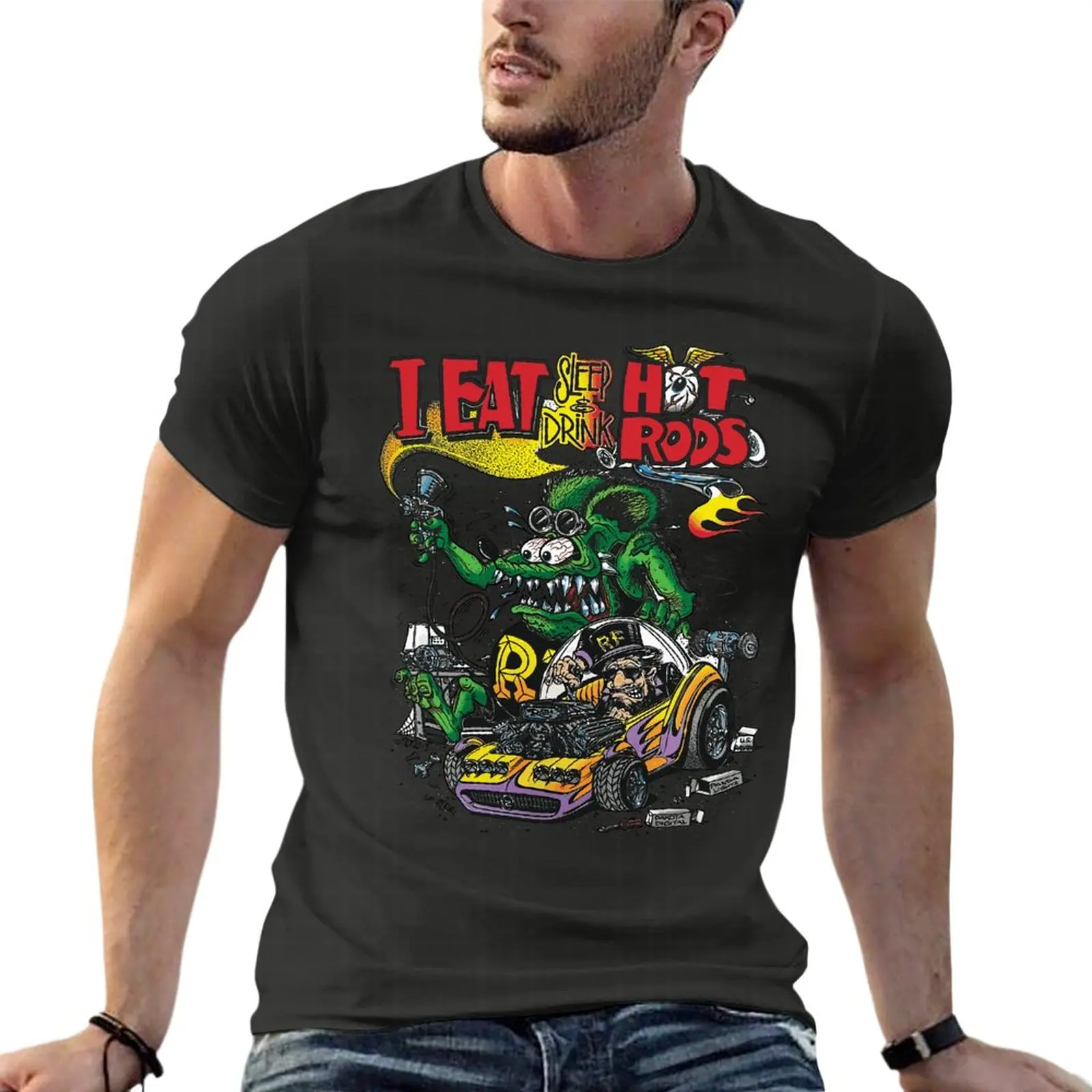 

Футболка с принтом Ed Big DAD Roth Rat Fink Eat Drink Hotrods, размер d, забавная Мужская одежда, уличная одежда с коротким рукавом, женская футболка