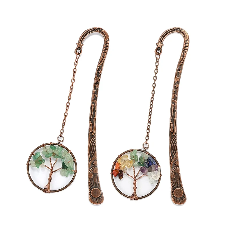 

2 Pcs Bookmark Metal Bronze Star Sun Moon Bookmarks Vintage 7 Chakra Crystals Healing Stone Beaded Charm Pendant