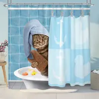 Funny Bathing Cat Shower Curtain Kid Cute Cartoon Animal Kitten Yellow Rubber Duck Head with Hook Wrapped Bath Towel Home Decor