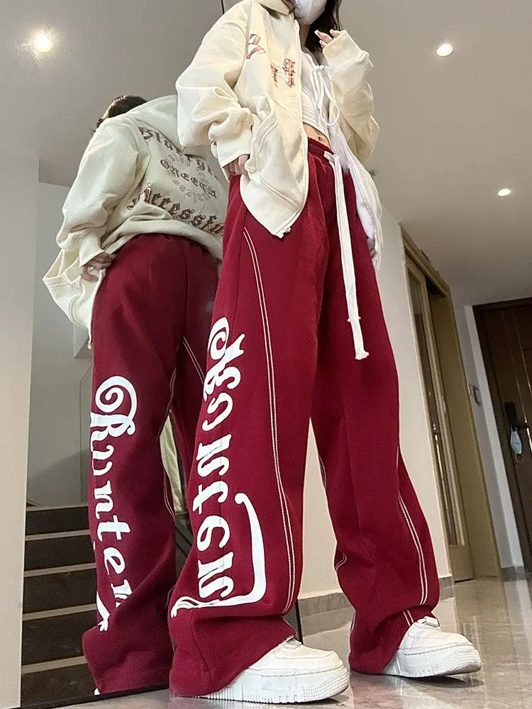 retro alphabet print thickened casual pants men's and women's tide brand loose wide leg drawstring straight sports sweatpants