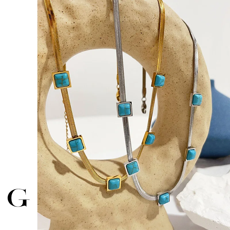 

Ghidbk Trendy Blue Square Charm Flat Snake Chains Necklaces Women Gold Colour Stainless Steel Natural Stone Choker Waterproof