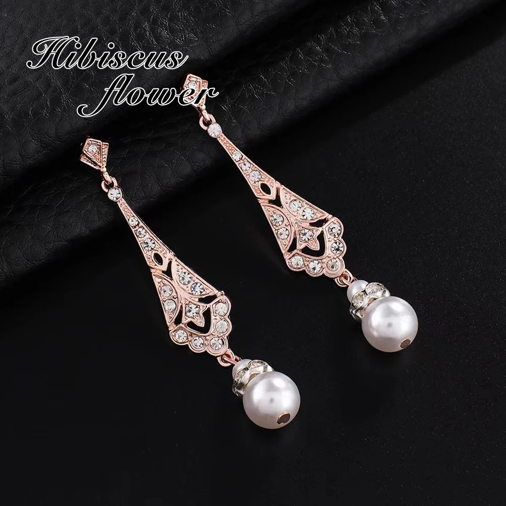 

Hibiscus Flower Luxury Zircon Earrings New Dangle Pearl Accessories Trendy Elegant Sweet Pendant High Temperament Wedding Gift