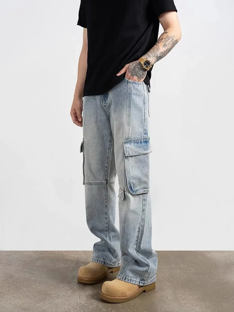 Мужские джинсовые брюки в стиле 90-х синие облегающие брюки-карго из денима с