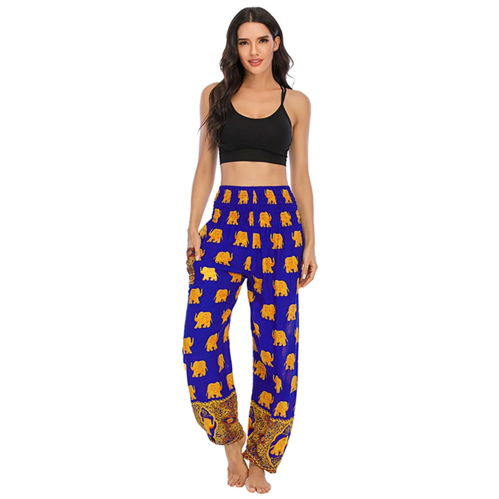 Thailand Elephant Bohemia Printed Yoga Sports Pants Elastic High Waist Lantern Trousers National Loose Casual Slacks
