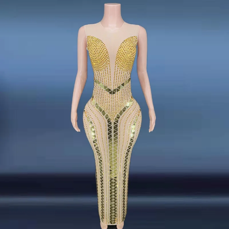 2023 Nude Mesh Dress Women Dance Sexy Sleeveless Costume Sparkly Rhinestones Sequins Transparent Long Dress Evening Birthday