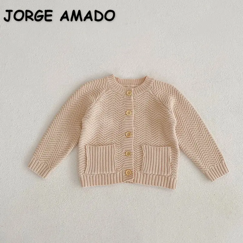 

Новинка, осенний свитер для девочек и мальчиков, искусственная горная мука, шерстяной вязаный кардиган с длинными рукавами и карманами, дет...