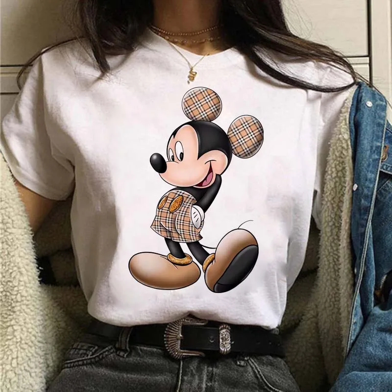 

Fashion Leopard Mickey Minnie Print T Shirt Kawaii Women Summer New Disney Tees Casual Loose Tshirt O Neck Female Tops Dropship