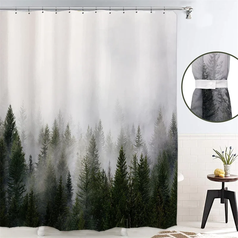 

Misty Forest Green Shower Curtain Print Tree Extra Long Shower Curtain Liner Mold and Mildew Resistant Bath Curtain with Hooks