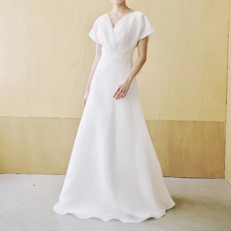 

Elegant White A-Line Short Sleeve Bow Ribbons V-Neck Criss-Cross Pleat Woman Wedding Dresses Bridal Engagement Party