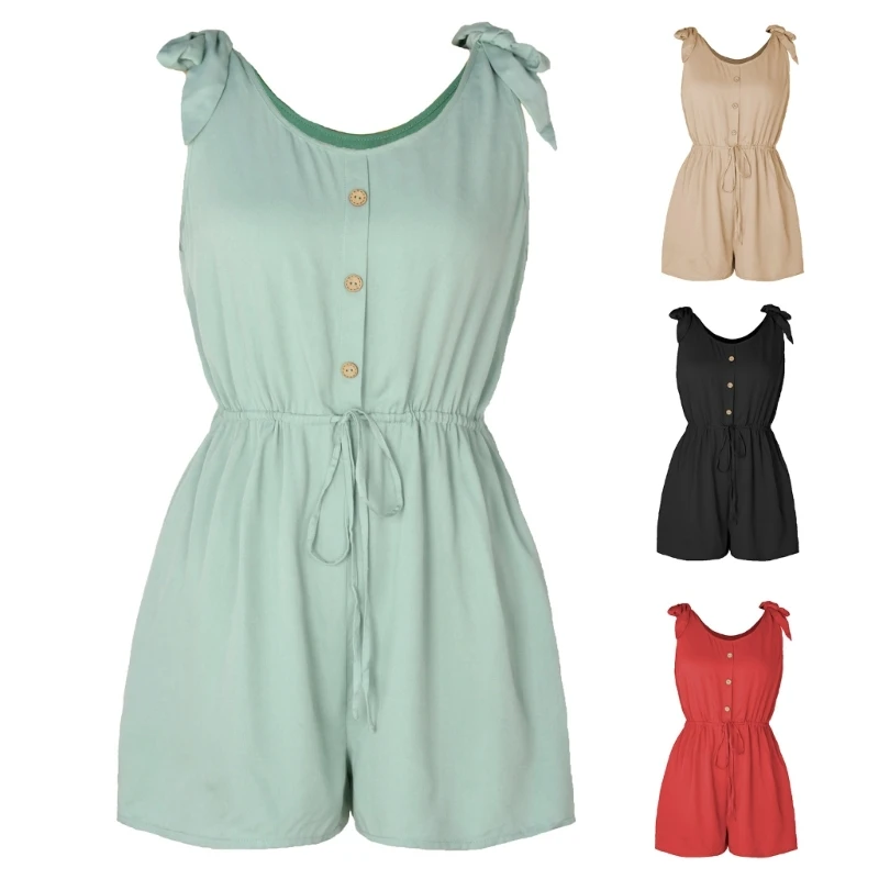 

Women short Jumpsuit Loose Romper With Pockets Lace Up Sleeveless Romper