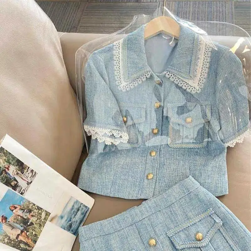 

Модный маленький ароматный твидовый комплект из двух предметов, женская новая летняя Корейская версия 2022, пиджак с коротким рукавом и юбка ...