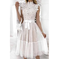 women fashion floral lace dress elegant tulle patchwork stand collar sleeveless bow knot summer slim fit midi dresses for lady