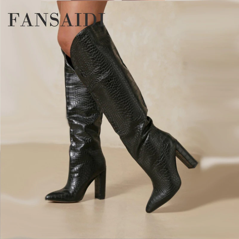 

2022 FANSAIDI Winter Fashion Women's Shoes Pointed Toe Female Boots Block Heels Apricot Knee Hight Boots Sexy Big Size 42 43