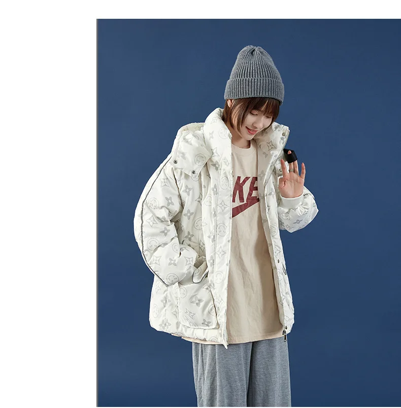 2022 New Down Jacket Women Loose Hooded Cute Luminous Warm Reflective Fashion Printing Simple Women's Jacket Top