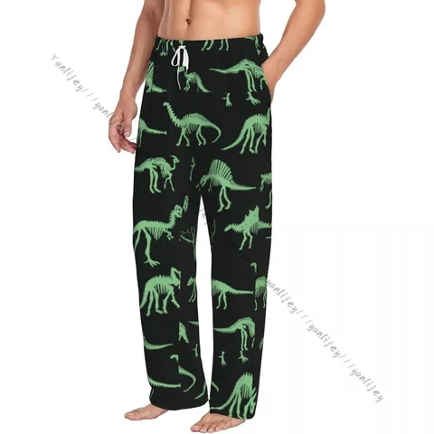 Пижама мужская повседневная, длинные штаны, свободный эластичный пояс, уютная одежда для сна с рисунком костей динозавра, домашние штаны для отдыха