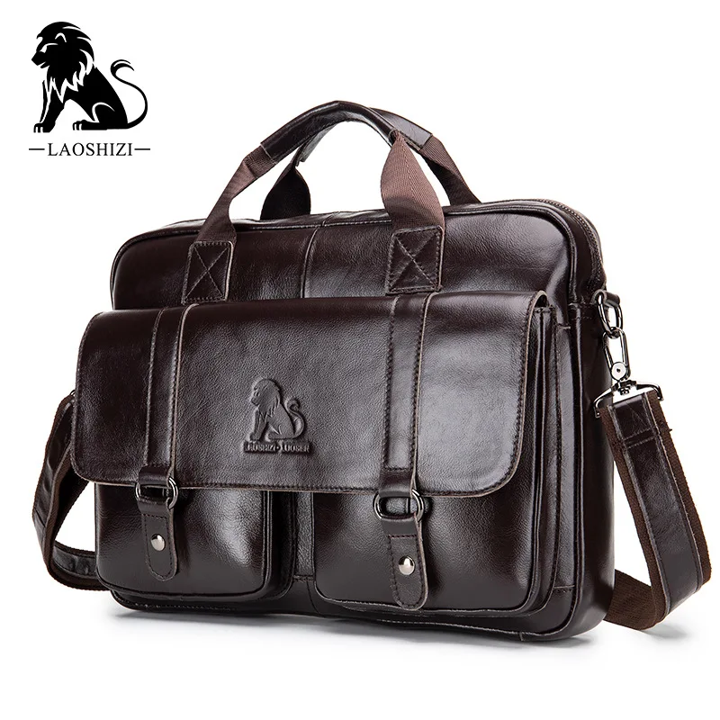 

LAOSHIZI Brand Men's Genuine Leather Briefcase Messenger Bag Laptop Bag Business Leisure Large-capacity Handbag Crossbody Bag