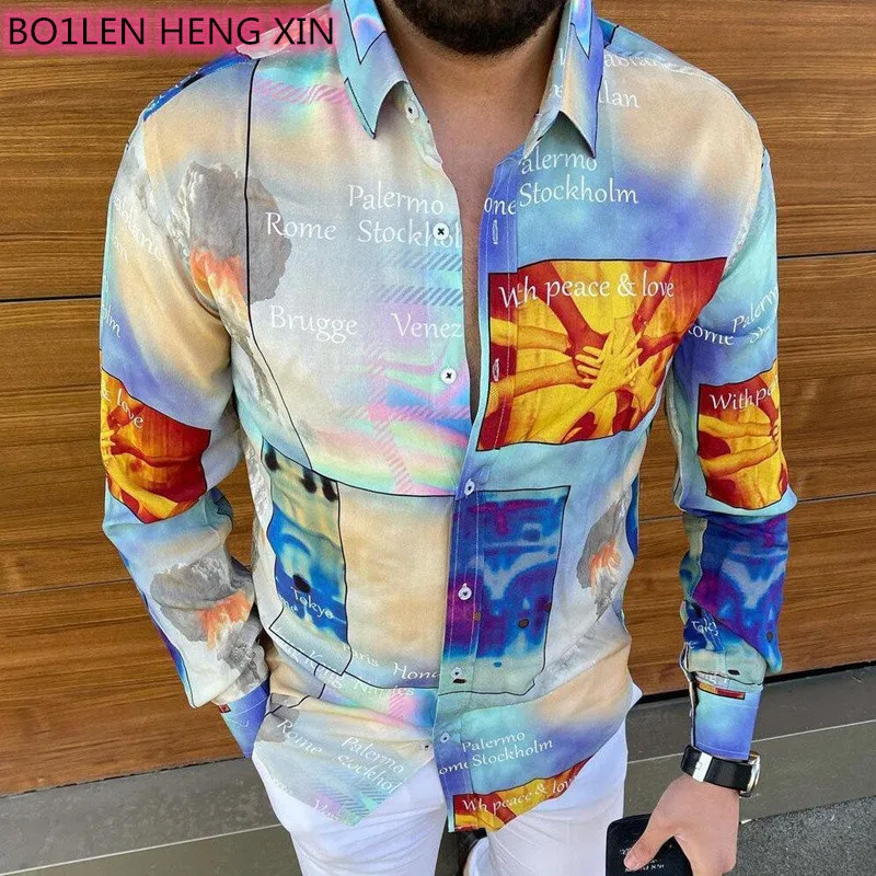 Весна 2022 сексуальная новая мужская рубашка цвет синий и фиолетовый градиентный