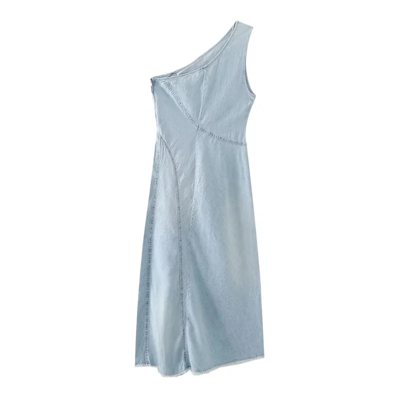 

TRAF Asymmetric Sleeveless Midi Dresses Fashion Frayed Hem And Metal Zip Fastening On The Side Dress Summer Light Blue Dress