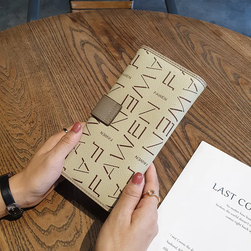 New Genuine Leather Women Wallets Letter Print Long Wallet First Layer Cowhide Clutch Bags For Ladies Two-tone Purse Billfold
