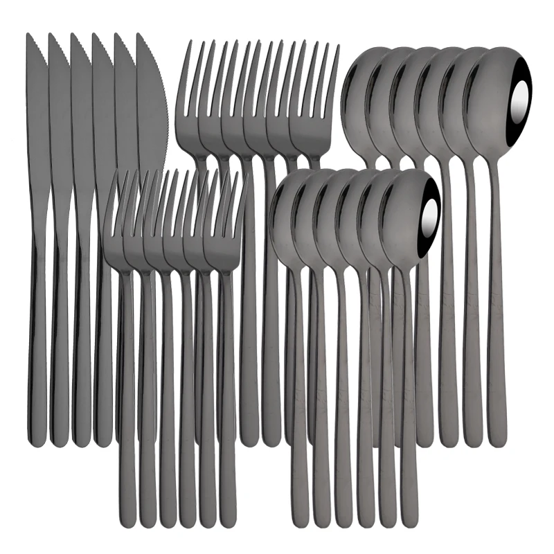 

30Pcs Black Dinnerware Set Knife Fork Dessert Spoon Tableware Cutlery Set 304 Stainless Steel Silverware Flatware Kitchen Set