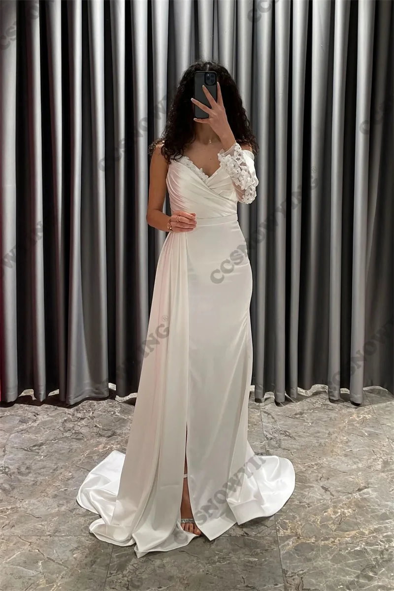 

Satin Embroidery Muslim Evening Dresses One Shoulder Long Sleeve Islamic Formal Party Gowns V Neck Women Arabic Robes De Soirée