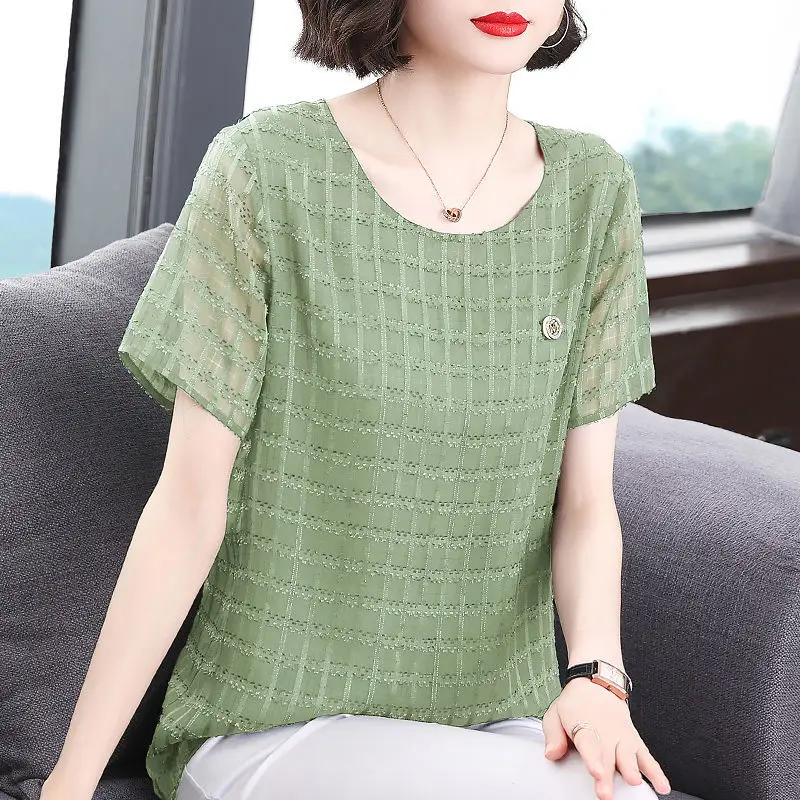 

Женская шифоновая блузка в клетку, Новинка лета 2023, модная футболка с коротким рукавом и круглым вырезом, свободная повседневная футболка с ...