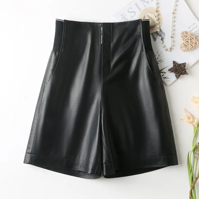 Women High Elastic Waist Real Leather Shorts Female Slim Solid Short Pants Ladies Casual Fashion Wide Leg Leather Shorts G282
