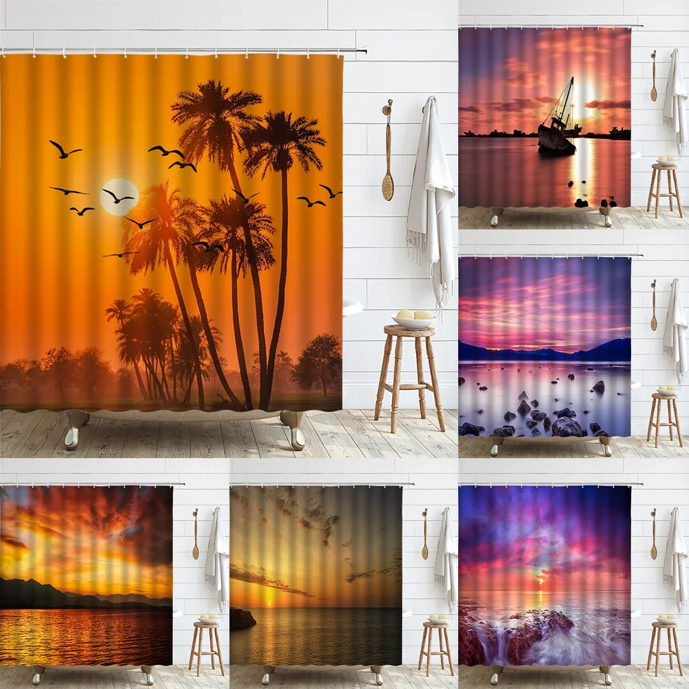 

Ocean Sunset Shower Curtain Orange Sky Tropical Palm Trees Sea Sunrise Landscape Island Nature Scenery Fabric Bathroom Curtains