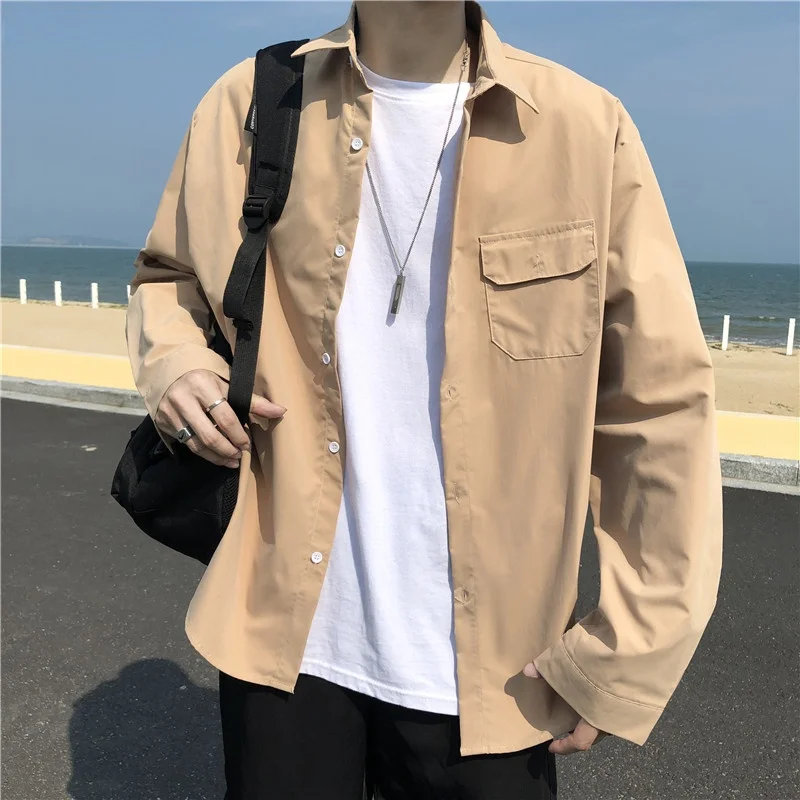

Classic Solid Men Shirts Spring Big Size S-3XL Casual Baggy Fashion Social Single Breasted Long Sleeve Outwear Camisa Pocket