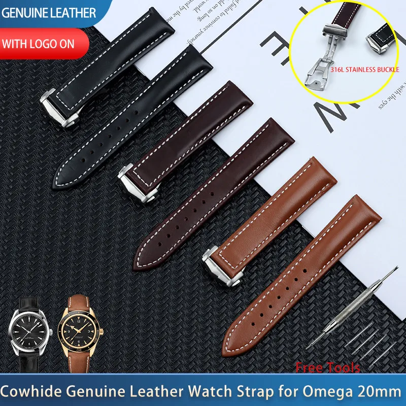 

20mm Genuine Cow Leather Watch Band For Omega Strap Seamaster 300 DE VILLE AT150 AQUA TERRA 150 Watchband Deployment Buckle Tool