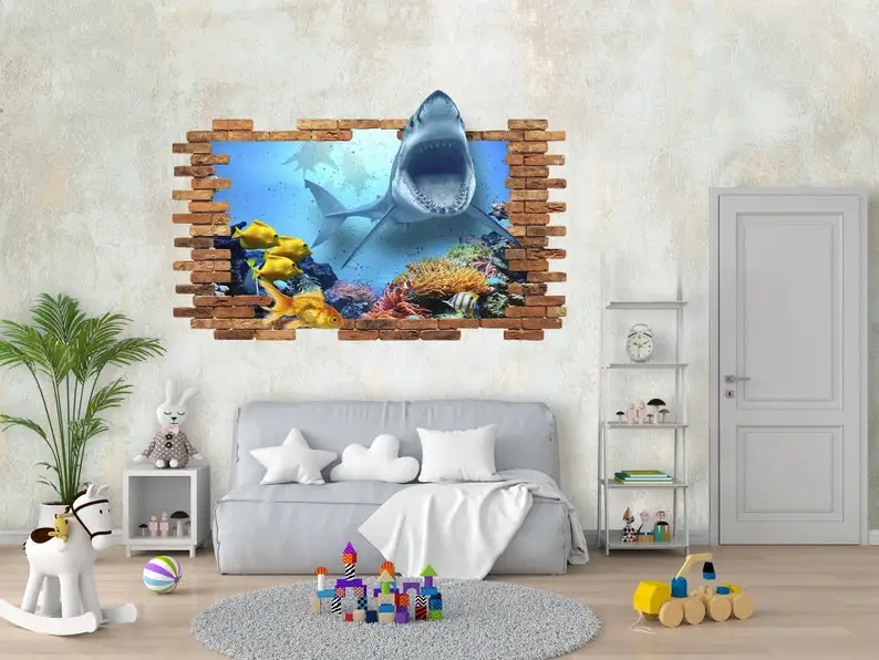 

Shark Nautical Underwater Nursery Decor / 3D Wall Decal Shark Wall Print / Smashed Wall Mural Removable Vinyl Sticker Decal Post