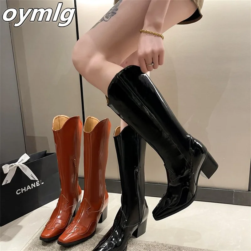 Осень/Зима 2023 длинные ковбойские ботинки с V-образным вырезом женские на толстом