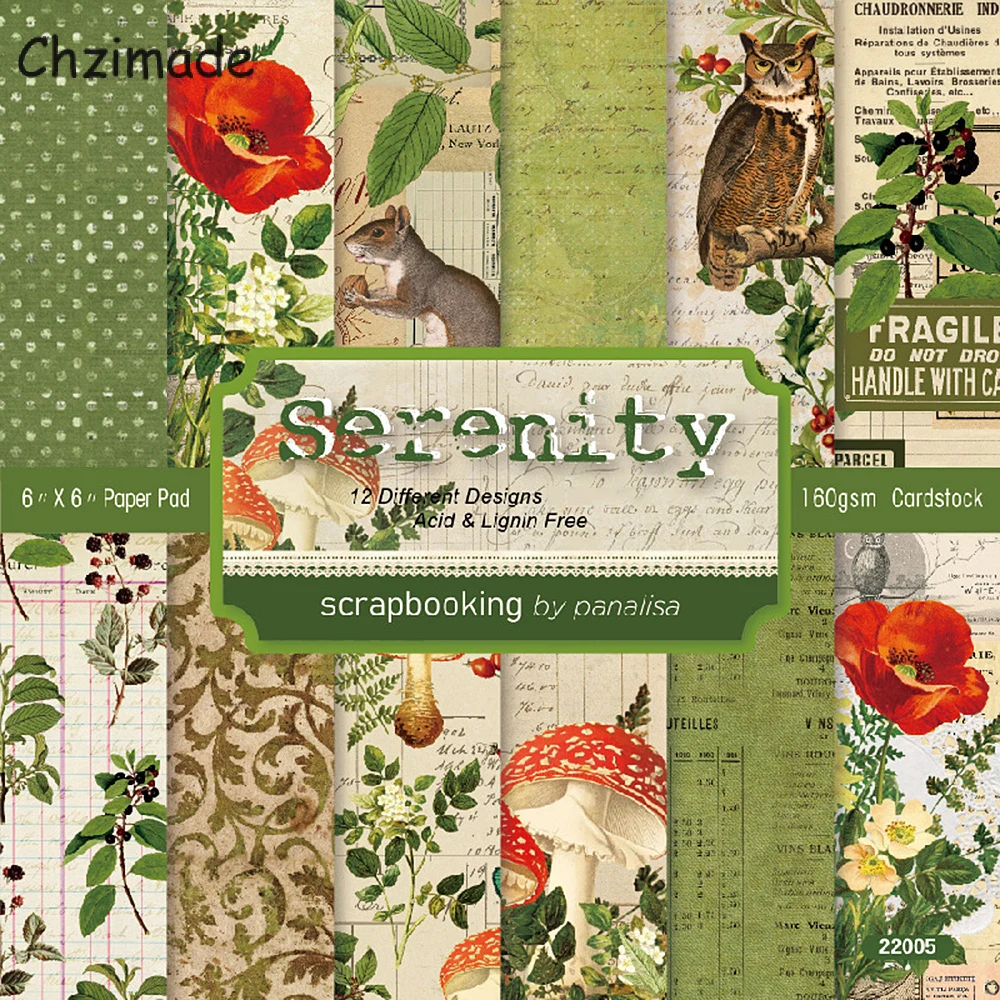 Chzimade 12 Sheets Serenity Junk Journal Scrapbooking Paper Packs Pads Background Card Makings Diy Decorative Crafts |