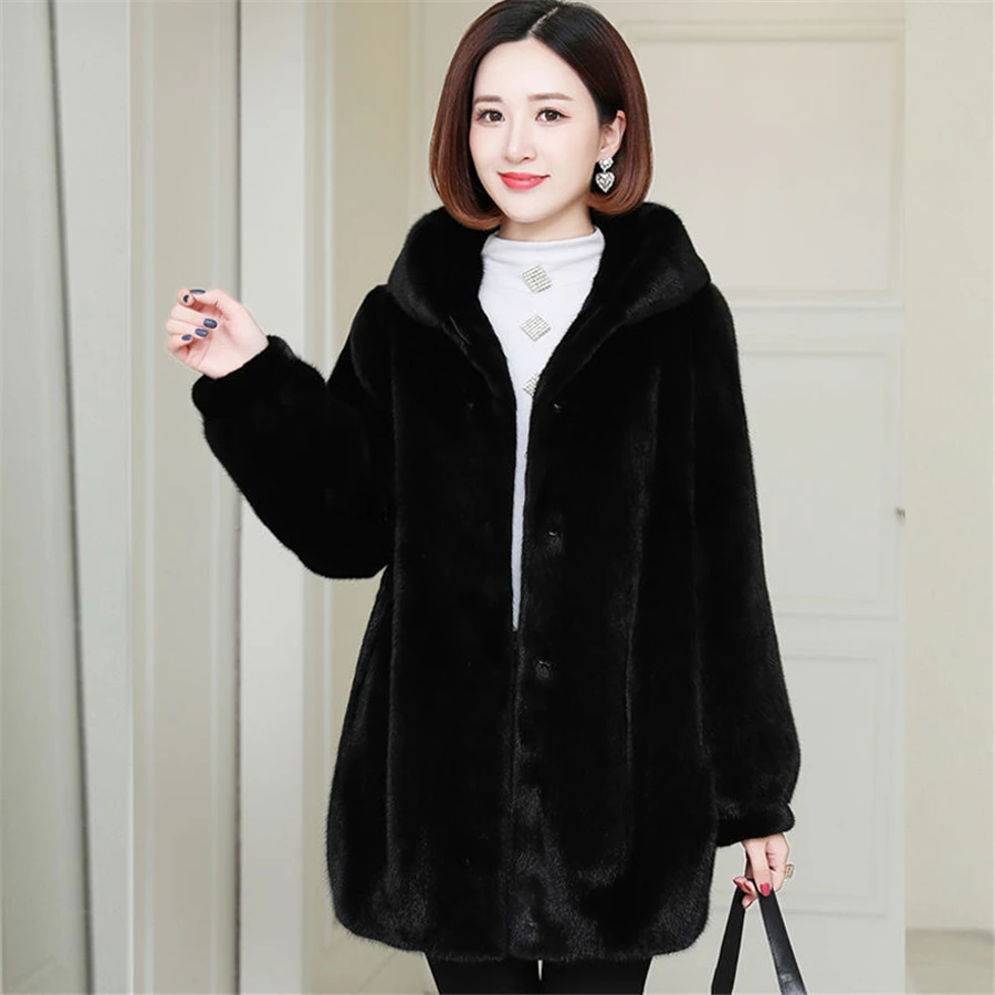 Winter Hooded Mid-length Faux Mink Fur Coat Loose Women Warm Thick Overcoat Oversized 5XL Plush Soft Parka Korean Outwear Jacket