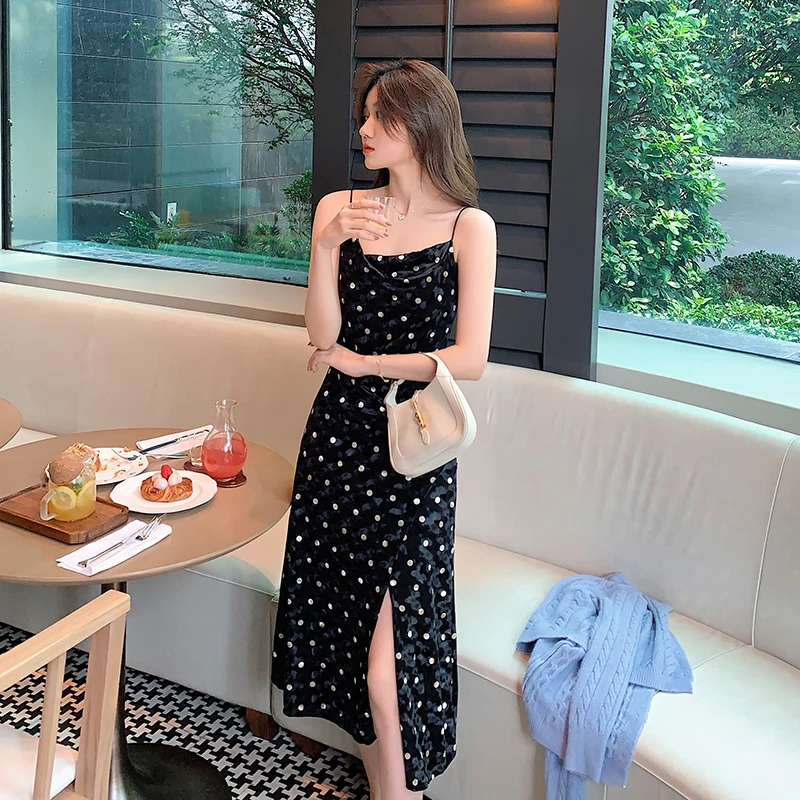 

2022 Sexy Women's Party Long Dress Summer Skinny Printing Backless Sleeveless Velvet Camisole Female Clothing