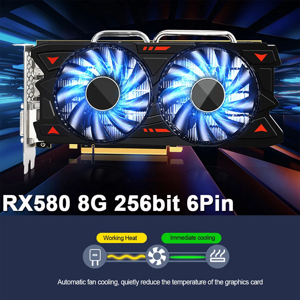 

Видеокарта RX580 8G для AMD Radeon GDDR5, игровая видеокарта 256bit PCI-E 3,0 X16 Dual Fan 6Pin для настольных компьютеров, ПК