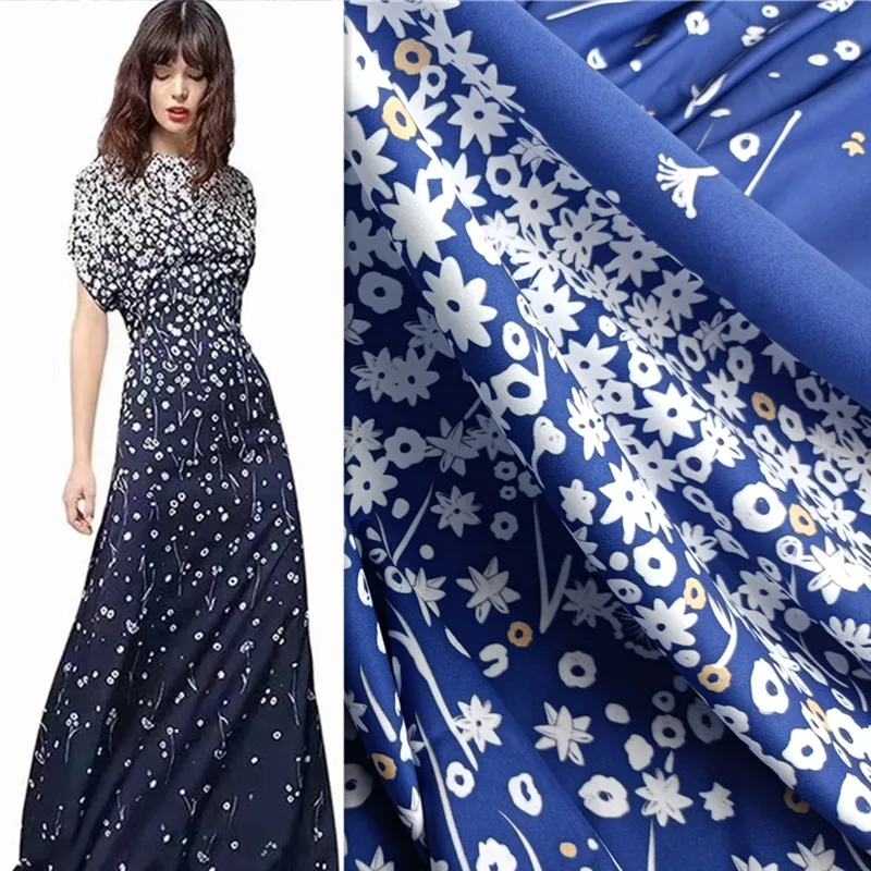 

Blue background small floral digital printing fabric European designer new DIY dress shirt fabric