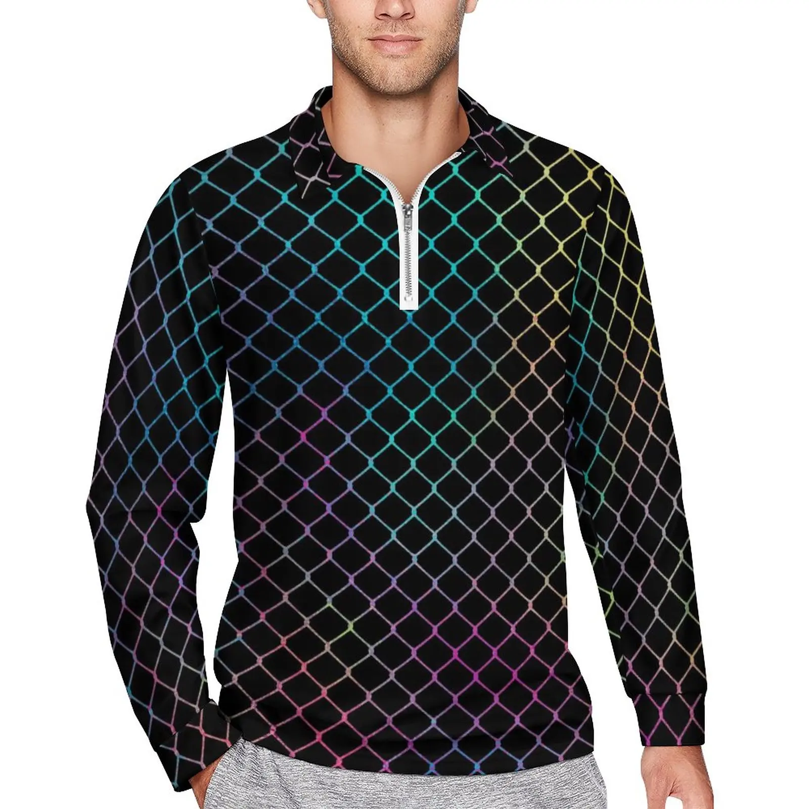 

Colorful Fence Chains Loose Polo Shirt Male Elegant Modern Long Sleeve Casual T-Shirts Vintage Spring Custom Shirt Large Size