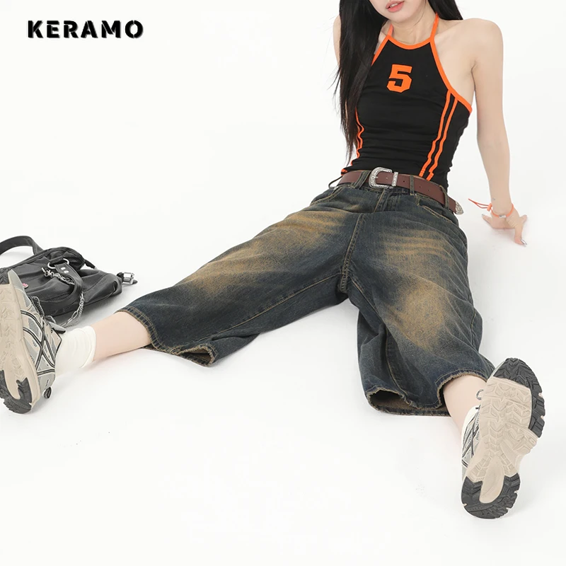 Шорты женские джинсовые в винтажном стиле свободные брюки до колена с широкими