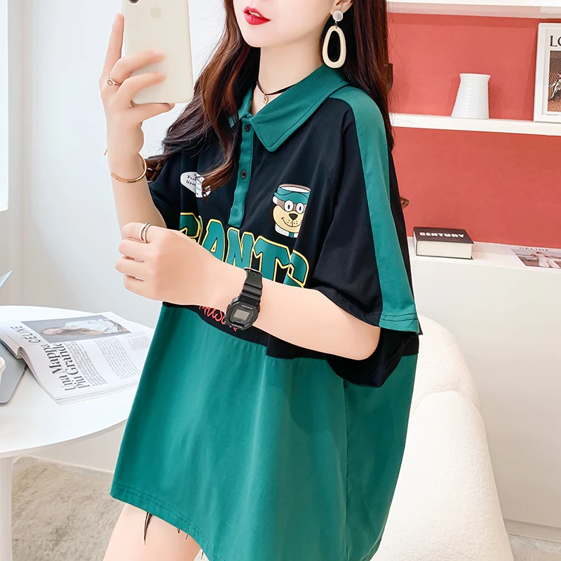 

POLO Collar Short-Sleeved T-Shirt Women'S New Summer Loose Patchwork Alphabet Print Ins Harajuku Streetwear Oversized T-Shirt