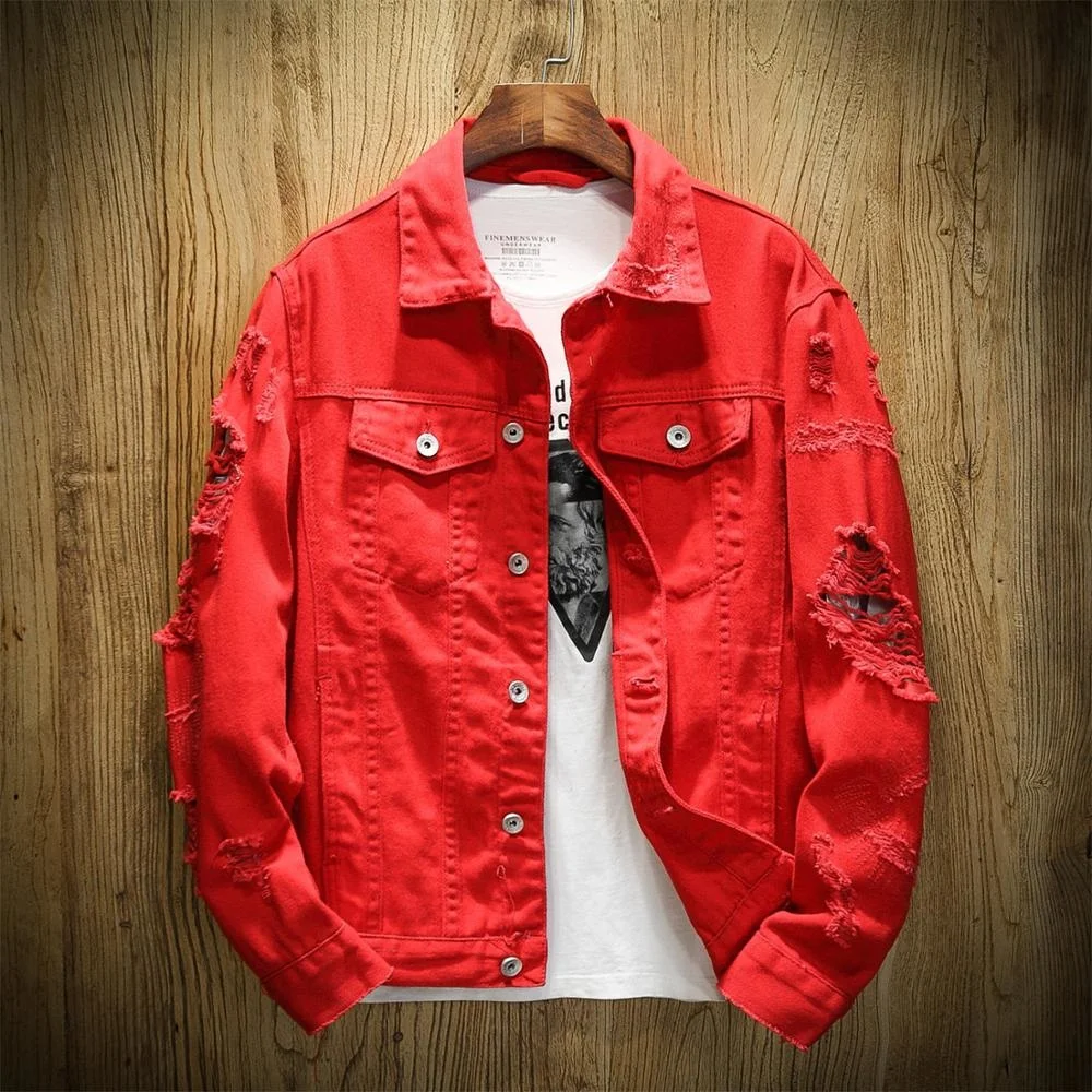 

Denim Jacket Male Thin Body of Man Hole Bull-puncher Recreational Coat Cotton Hip Hop Jeans Jacket