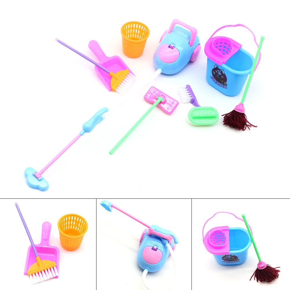 

9pcs/set Mini Pretend Play Mop Broom Toys Cute Kids Cleaning Furniture Tools Kit House Clean Toys Dolls Accessories Color Random