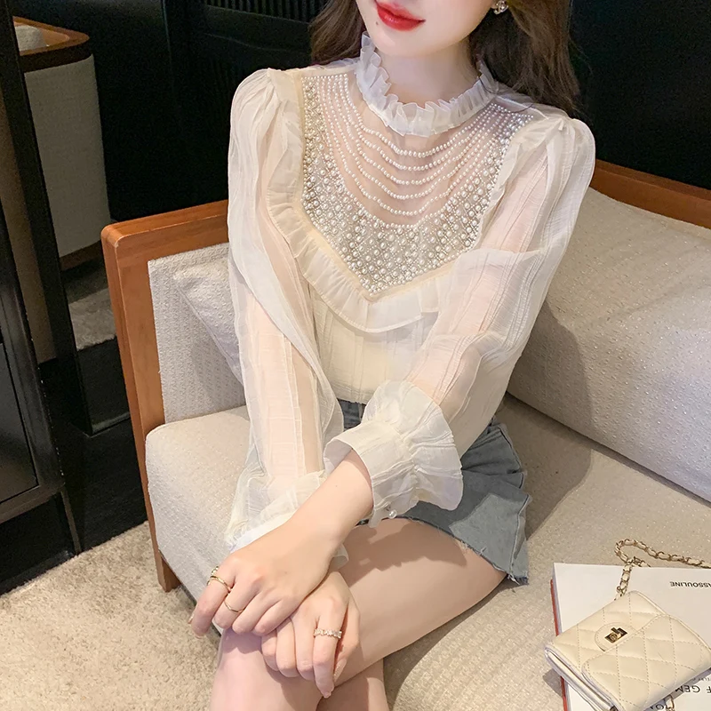

2023 Spring Blouse Ruffled Stand Collar Long Sleeve Parcels Beading Chiffon Blouse High Quality Cute Women Shirt Chemise Blusa