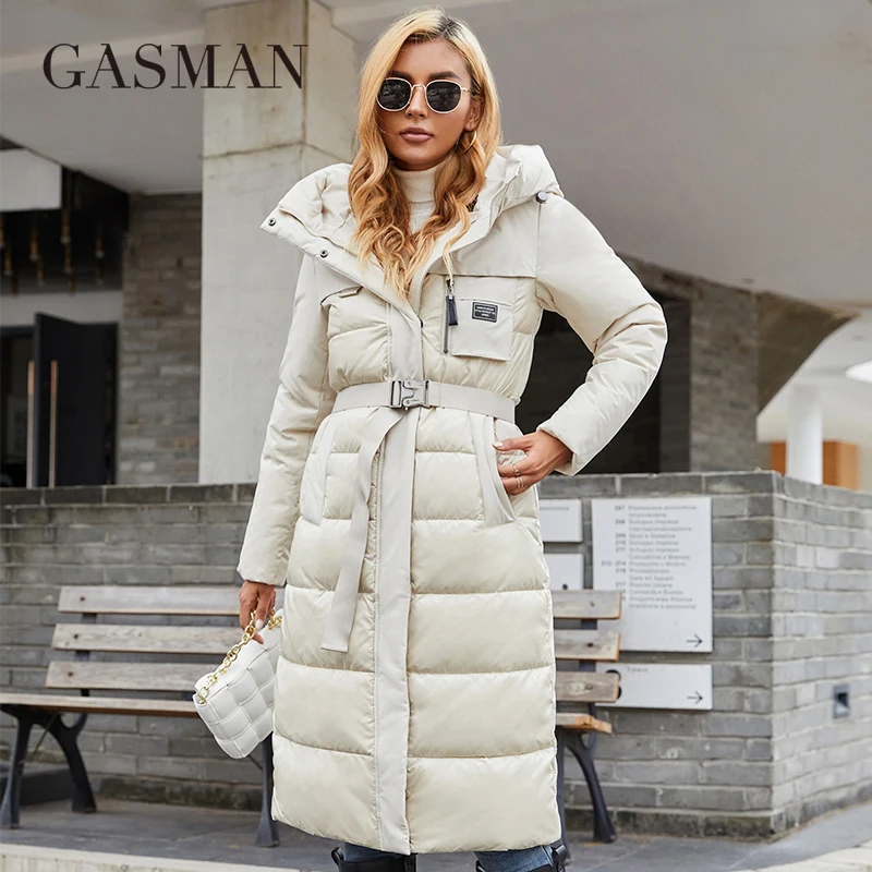 GASMAN 2022 Women's jacket Long elegant Fashion Winter coat for women brand Zipper pocket Warm Parka with belt Down jackets 8189