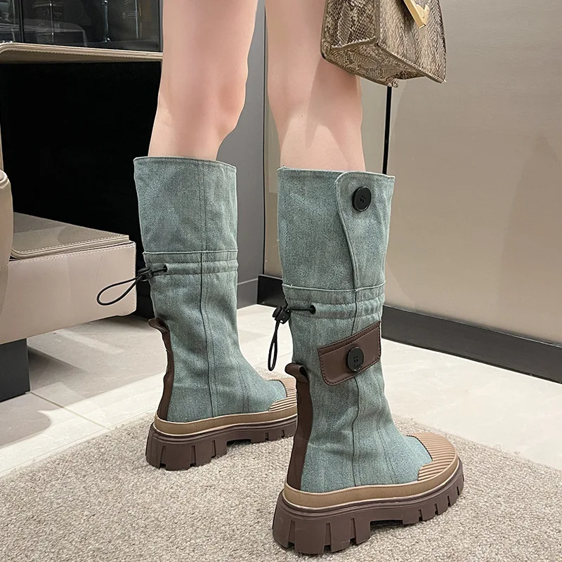 Knee-high Women Thigh Boots Women's Vintage Denim Platform Work Autumn Winter 2024 Head High Knight Female Two Ways Wear Shoes