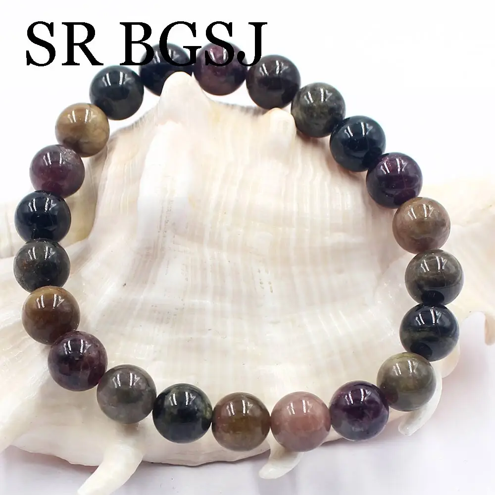 

7 8 9mm Round Real Genuine Tourmaline Natural Stone Stretchy Women Fashion Bracelet 7.5"