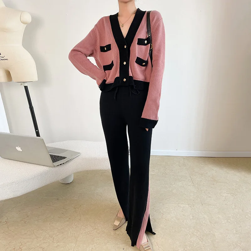 

2022 Spring New Arrival Red Colour Block Black Knitted Caridgan Contrast Trim Wide Leg Pants Knitted Sets