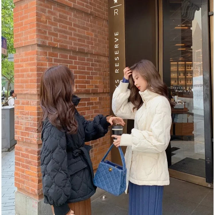 Down Cotton-Padded Women Autumn Winter Warm Windbreak Small Short Style Waist Rhomboid Lattice Autumn Winter Winter Set of Tide