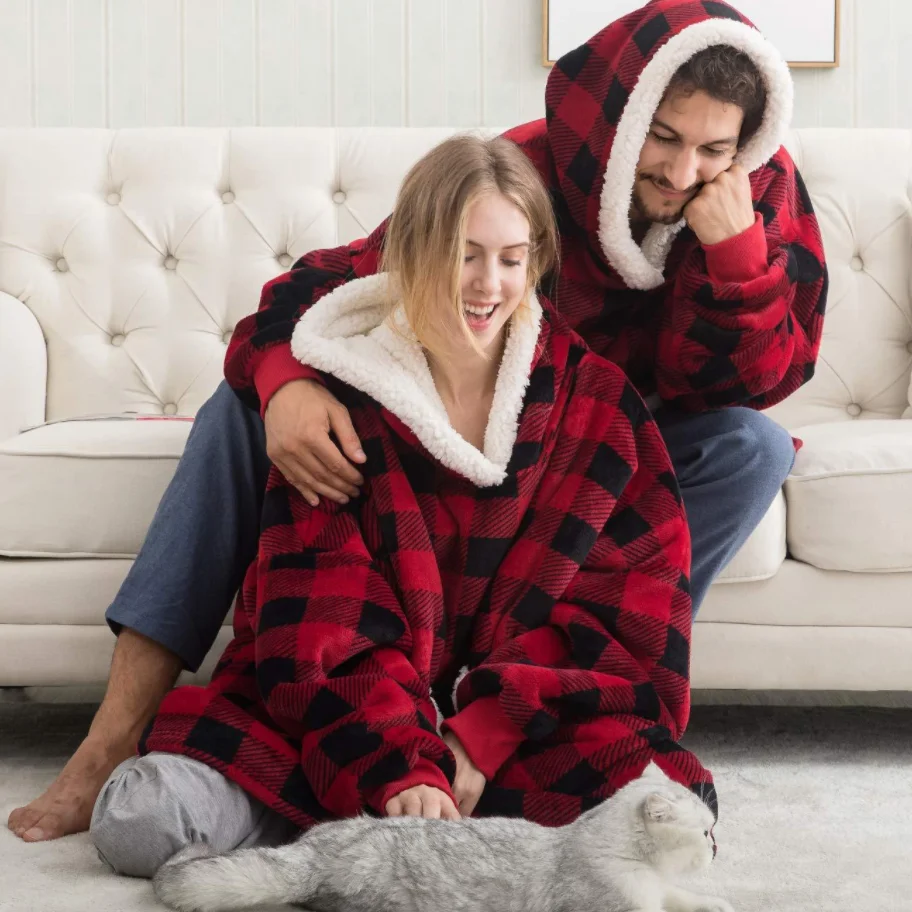 

Oversized Blanket Hoodie Women Winter Hooded Wearable Family TV Blanket With Sleeves Sherpa Fleece Sweat Plaid Hoody Sweatshirt