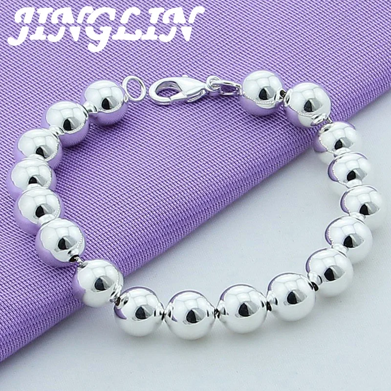 

JINGLIN 925 Sterling Silver 8mm/10mm Hollow Circle Ball Beads Silver Beaded 20cm Bracelet Woman Charm Fashion Jewelry